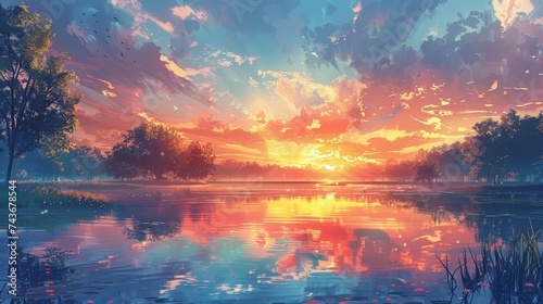 Illustrate a sunrise that reflects off a serene country lake, creating a symphony of light and color © MAY
