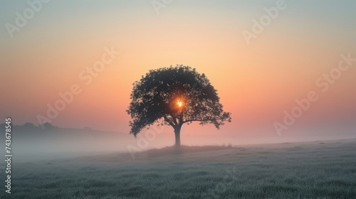 Illustrate a peaceful sunrise in the countryside  with the sun rising behind a lone tree on a foggy morning