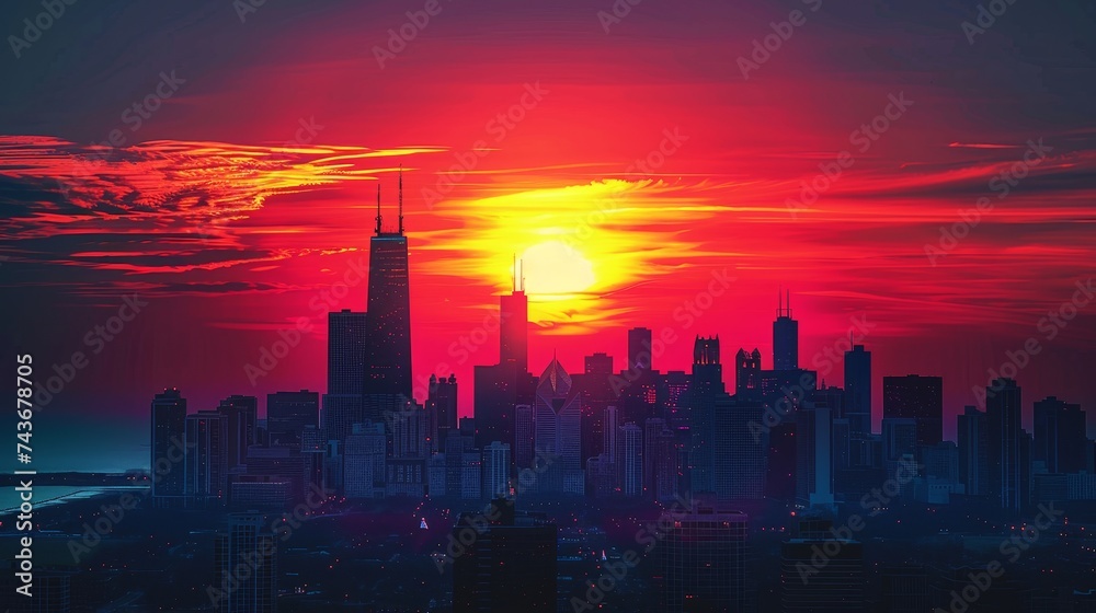 Illustrate a vibrant sunset behind a city skyline, creating striking silhouettes of buildings