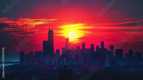 Illustrate a vibrant sunset behind a city skyline, creating striking silhouettes of buildings