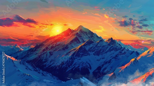 Illustrate the dramatic contrast of a sunset behind snow-capped mountains, with golden hues meeting cold blues © MAY