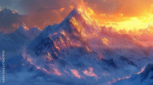 Illustrate the dramatic contrast of a sunset behind snow-capped mountains, with golden hues meeting cold blues