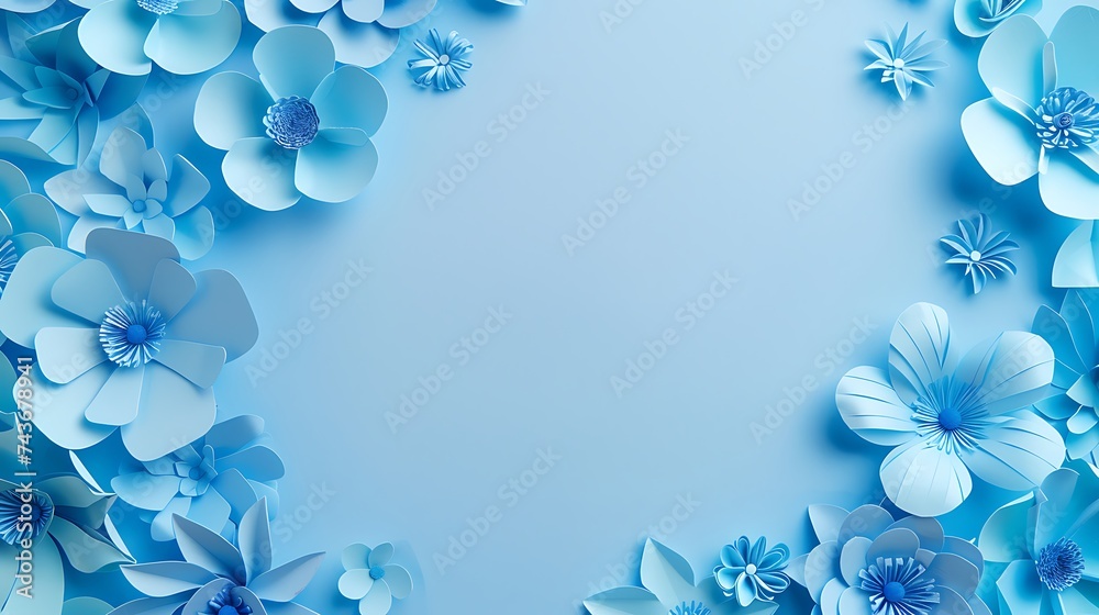 Background of blue paper flowers with empty space for text or greeting card design. Postcard for International Women's Day and Mother's Day. Generative Ai