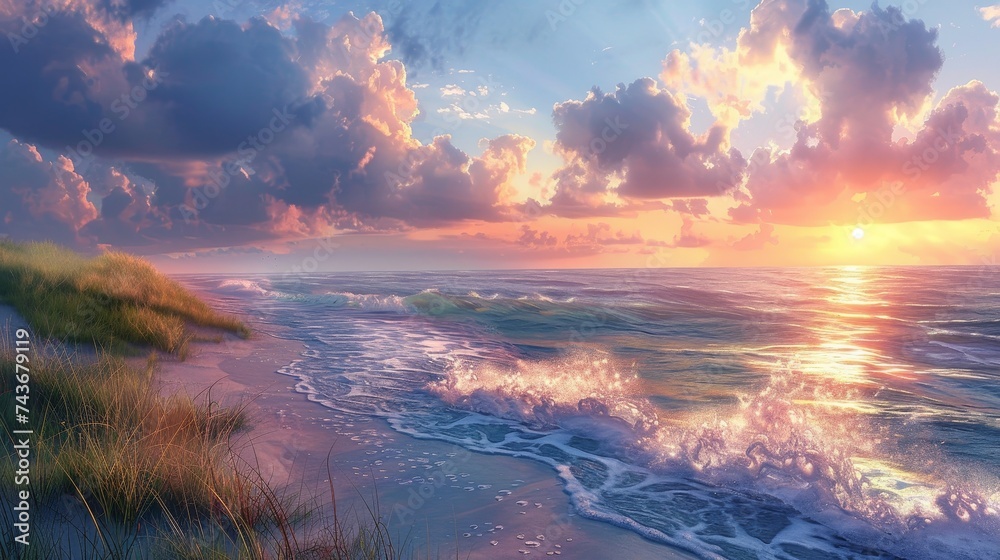 Portray a beach sunrise where the soft pastel colors create a peaceful, dreamy landscape Portray a beach sunrise where the soft pastel colors create a peaceful, dreamy landscape