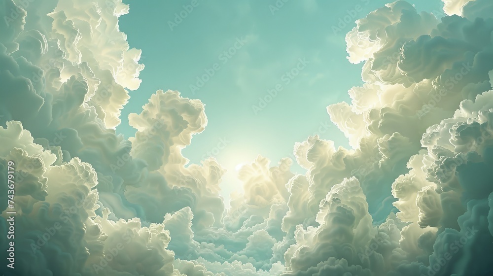 Portray the ethereal beauty of cloud patterns at high noon, where the sun plays hide and seek with the floating shapes