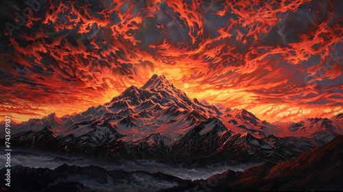Portray a mountain summit at sunrise, where the world seems to awaken under a canopy of fiery skies