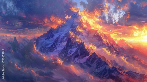 Portray a mountain summit at sunrise, where the world seems to awaken under a canopy of fiery skies