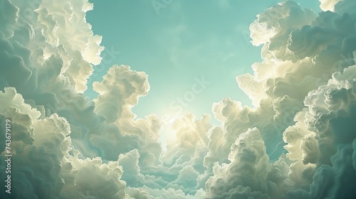 Portray the ethereal beauty of cloud patterns at high noon, where the sun plays hide and seek with the floating shapes