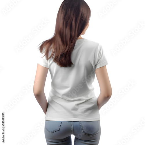 back view of woman in blank white t shirt isolated on white background