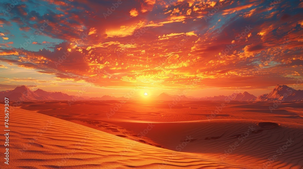 Render the silent beauty of a desert sunrise, where the sun gently awakens the vast, undisturbed sands - obrazy, fototapety, plakaty 