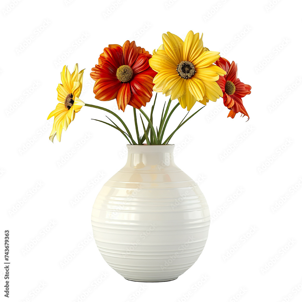 Round shape vase, flowers, white and yellow, realistic photo, pure white background, solid color fill, simple color scheme, clean and atmospheric isolated PNG