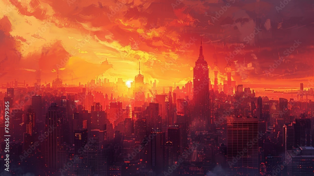 Showcase a cityscape at sunset, where the fading light creates silhouettes of buildings against a fiery sky