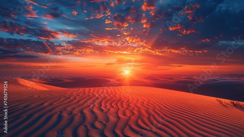 Render the silent beauty of a desert sunrise, where the sun gently awakens the vast, undisturbed sands