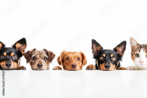Adorable Group of Dogs and Cat Peeking Over White Surface