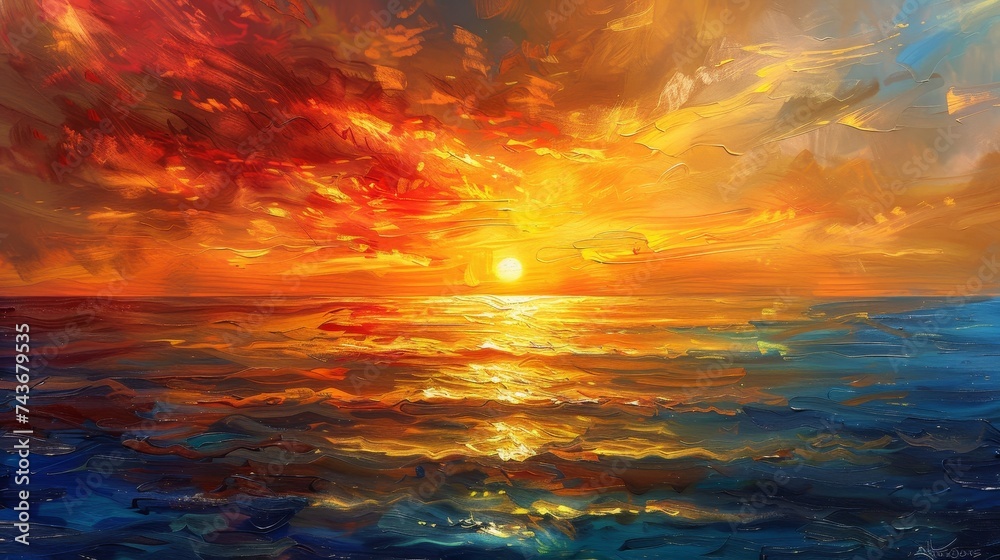 Showcase a golden sunset over the ocean, where the horizon blurs into a mirror of colors, celebrating the day's end