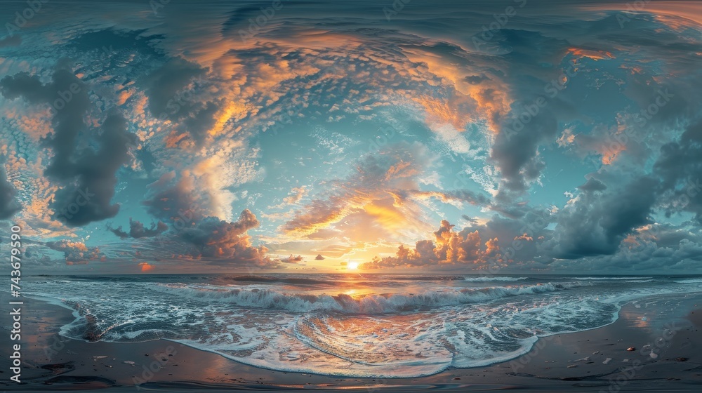 Showcase a panoramic view of a beach sunrise, where the sky transitions from night to day in a spectacular display
