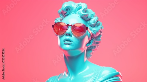 Holographic Female Statue Wearing Sunglasses Against Pink Background