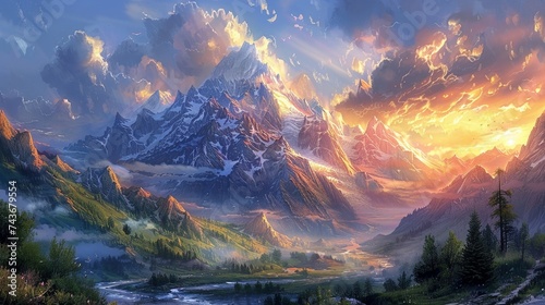 Showcase a mountain sunrise that illuminates the valleys  bringing life and color to the waking world