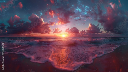 Showcase a panoramic view of a beach sunrise, where the sky transitions from night to day in a spectacular display © MAY