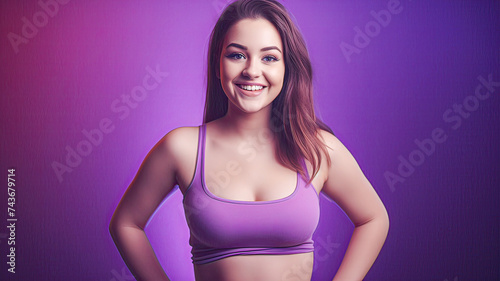 Pleasant, smiling Caucasian teen in a purple top with a clean, vibrant dark purple background.