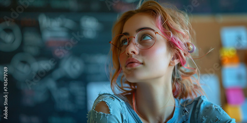 a young woman with colorful hair and glasses in a classroom