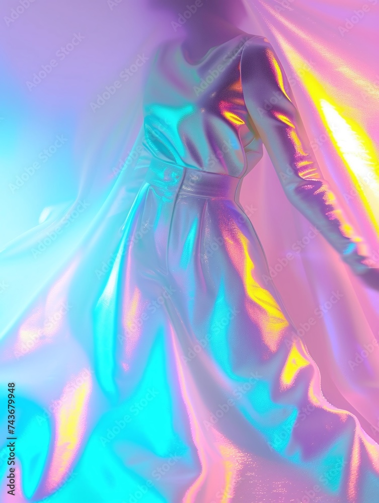 Obraz premium Holographic Fashion Woman Posing Against Gradient Background in Futuristic Style