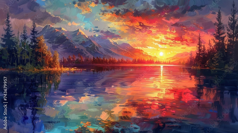 Visualize a breathtaking rural sunset, where the sky is ablaze with colors, reflecting over a tranquil lake - obrazy, fototapety, plakaty 