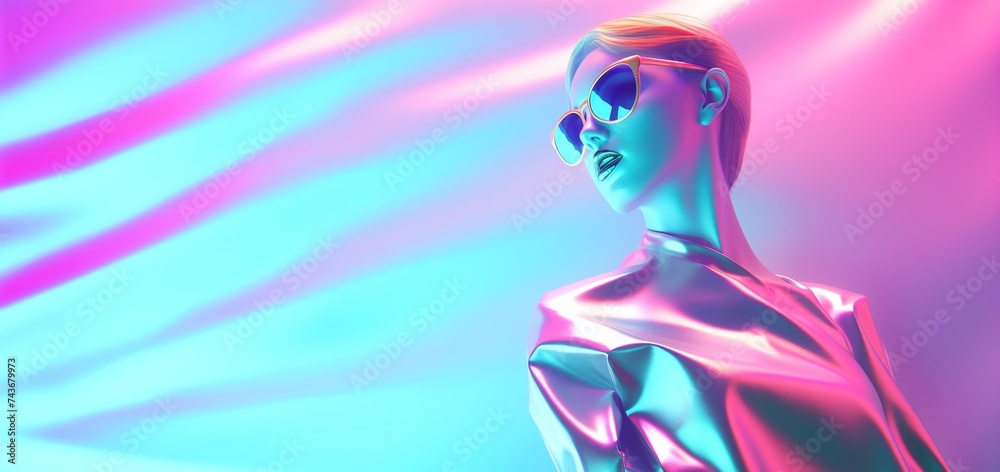 Holographic Fashion Model Posing Against a Gradient Pink and Blue Background Holographic Fashion Model Posing Against a Gradient Pink and Blue Background