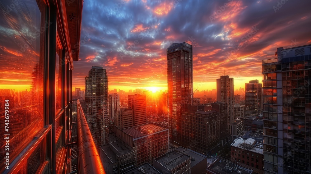 Visualize a cityscape sunrise, where early light bathes skyscrapers in a warm glow, awakening the city