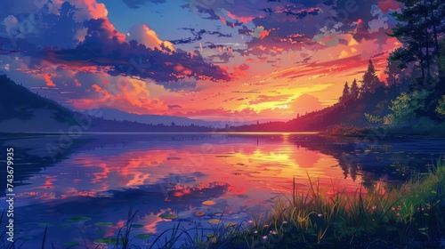 Visualize a breathtaking rural sunset, where the sky is ablaze with colors, reflecting over a tranquil lake