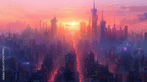 Visualize a cityscape sunrise, where early light bathes skyscrapers in a warm glow, awakening the city