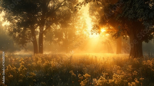 Visualize a countryside dawn, where the first rays of sun pierce through the trees, casting a glow on the dewy fields
