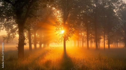 Visualize a countryside dawn, where the first rays of sun pierce through the trees, casting a glow on the dewy fields