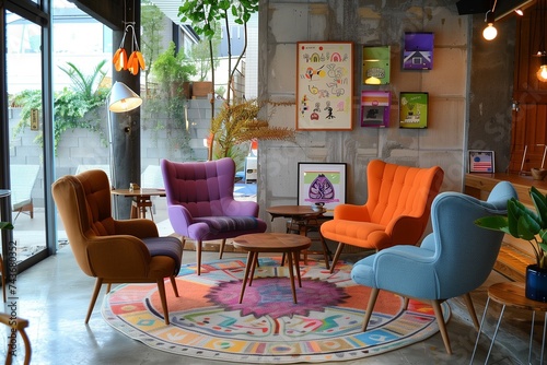 A cozy interior adorned with mismatched colored chairs, creating an eclectic and charming atmosphere. © Tayyab