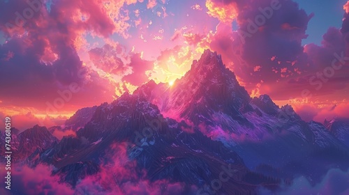 Visualize a vibrant mountain sunset, where the sky explodes in colors over the silent guardians of the earth