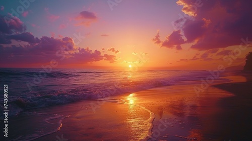 Visualize a vibrant sunset at the beach, where the sky's canvas merges oranges and purples above the calming sea © MAY