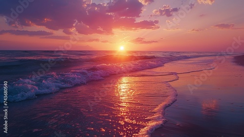 Visualize a vibrant sunset at the beach, where the sky's canvas merges oranges and purples above the calming sea © MAY