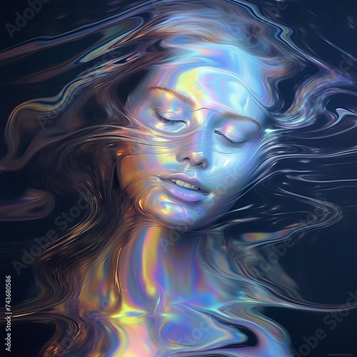 Holographic Water Woman Exuding Shimmering Light and Colors
