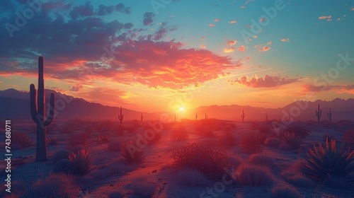 Visualize the stark beauty of a desert landscape at sunrise, with cacti silhouettes against the glowing sky
