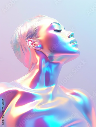 Holographic Woman Shining in Radiant Colors Against a Gradient Background