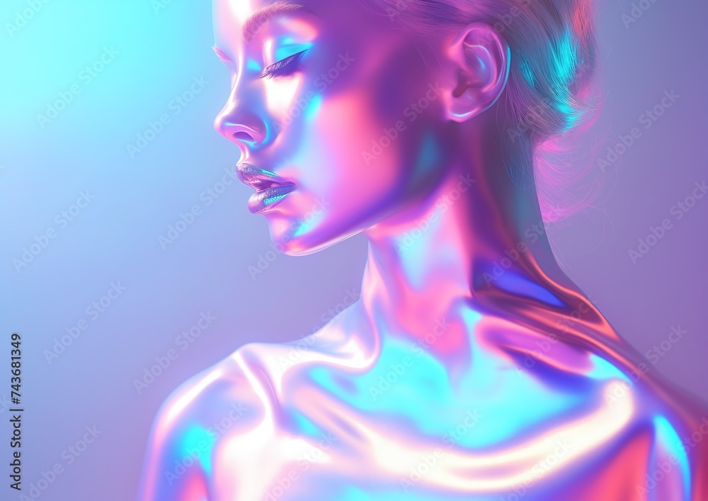 Holographic Woman Against a Gradient Pink and Blue Background Exuding Serenity