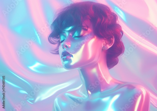 Holographic Woman Shining in Radiant Colors Against a Gradient Background