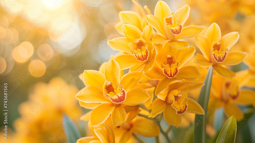 Yellow Cymbidium hybrid orchid flowers. - obrazy, fototapety, plakaty 