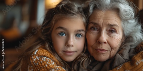 A loving portrait capturing the affectionate bond between a grandmother and her granddaughter at home.