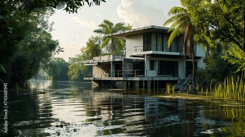 Modern Home Amidst Lush Greenery by Tranquil Lake at Dawn