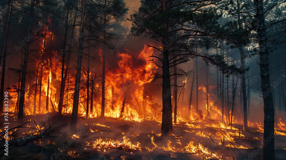 large scary forest fire, burning trees in the forest large scary forest fire, burning trees in the forest