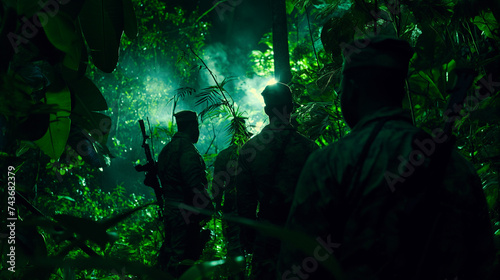 Beneath a dense jungle canopy, a team of soldiers prepares for an ambush under the moonlight, AI generated photo