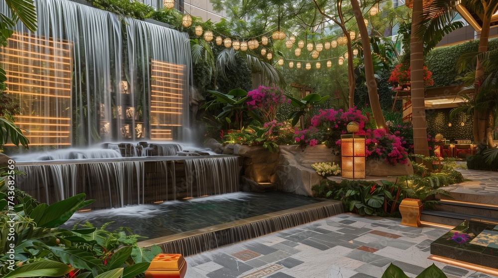 A tranquil garden oasis with cascading waterfalls, surrounded by vibrant Eid decorations and lush greenery.