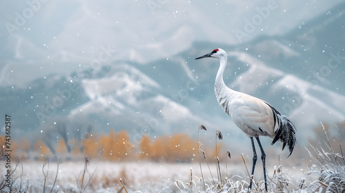 A majestic crane  with snow-covered mountains as the background  during a frosty winter morning