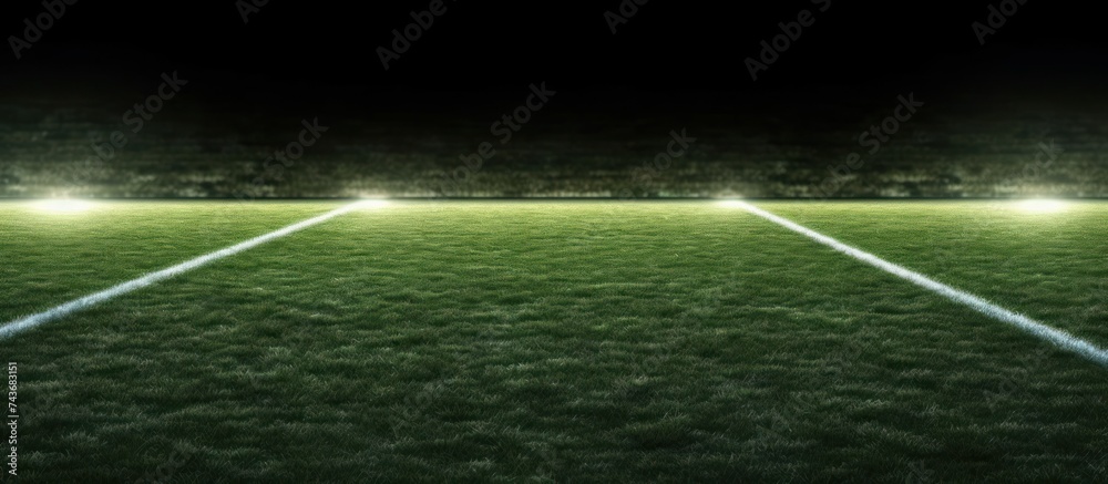 The background is a green soccer field at night illuminated by lights